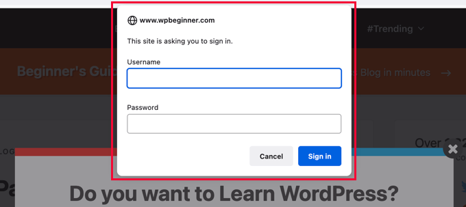 Area di amministrazione WordPress protetta da password