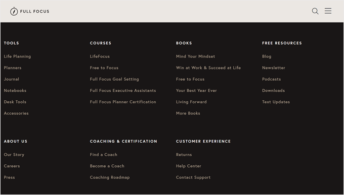 Die Fußzeile von Full Focus enthält direkt über dem Hauptbereich der Fußzeile einen klaren Aufruf zum Handeln für einen kostenlosen Leitfaden.