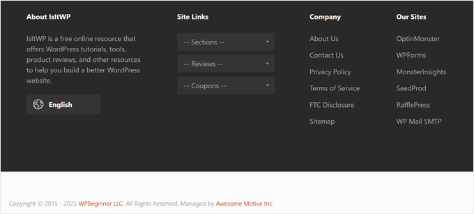 Die IsItWP-Fußzeile verfügt über ein einzigartiges Dropdown-Menü, das Benutzern hilft, zu bestimmten Inhaltstypen zu navigieren.