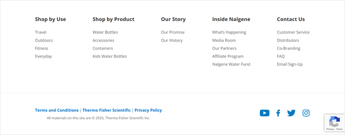 Die Fußzeile von Nalgene ist gut organisiert mit Produktlinks und einem einfachen E-Mail-Anmeldeformular direkt darüber.