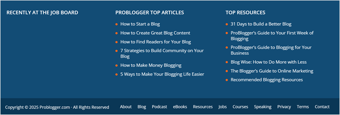 Die Fußzeile von ProBlogger hilft Besuchern, beliebte Beiträge, Ressourcen und aktuelle Stellenangebote zu entdecken