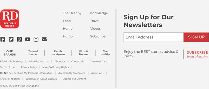 Reader's Digest verwendet einen umfassenden Footer mit Links zu Kategorien, anderen Marken und einem prominenten E-Mail-Anmeldefeld.