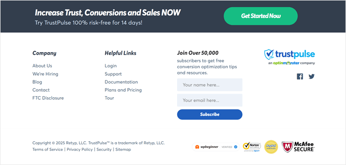 Die TrustPulse-Fußzeile ist ein großartiges Beispiel für einen minimalistischen Ansatz, der sich ausschließlich auf die Anmeldung für einen E-Mail-Newsletter konzentriert.
