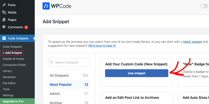 Adăugarea de cod personalizat în WPCode Adăugarea de cod personalizat în WPCode