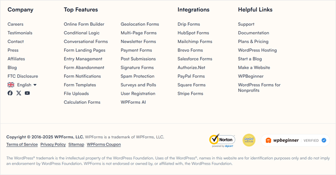 Der WPForms-Footer organisiert Links nach Unternehmen, Funktionen und Ressourcen, damit Benutzer Informationen leicht finden können