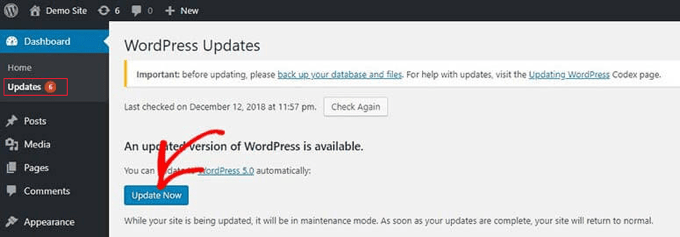 Updating WordPress Core From the Dashboard Updating WordPress Core From the Dashboard