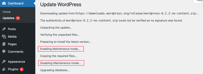 WordPress update progress WordPress update progress