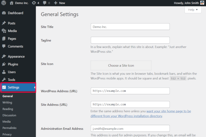WordPress settings WordPress settings