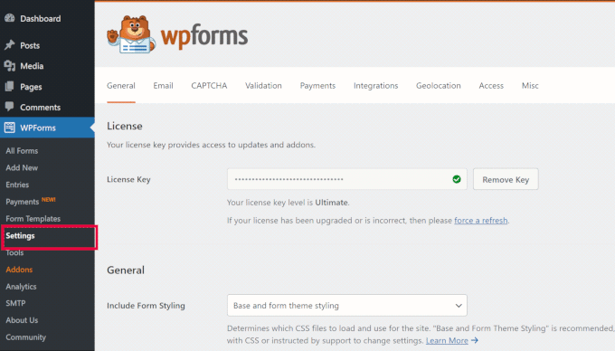 WPForms settings page WPForms settings page