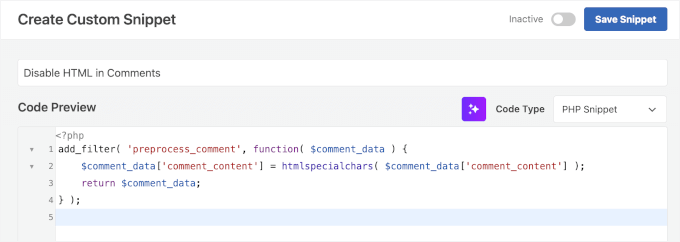 Previewing code snippet for disabling HTML comments Previewing code snippet for disabling HTML comments