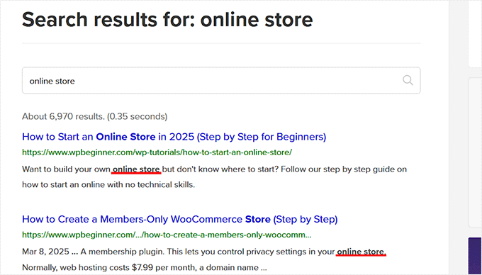 Bold search terms in WPBeginner