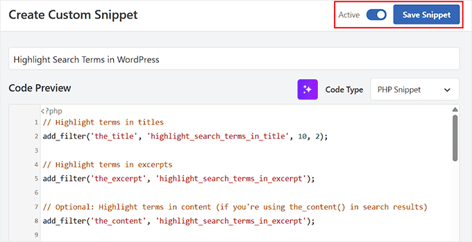 Save the code snippet for highlighting search terms