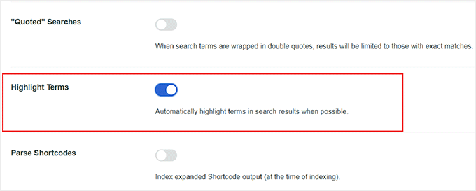 Toggle the switch to highlight the search terms