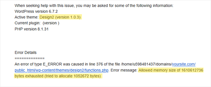 Memory exhausted error in WordPress technical issue email message Memory exhausted error in WordPress technical issue email message
