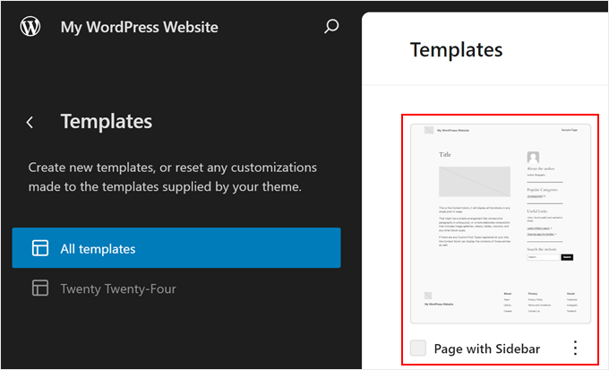 Choosing the page template with sidebar in full-site editor Choosing the page template with sidebar in full-site editor