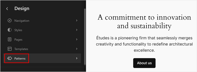 Opening the Patterns menu in full-site editor Opening the Patterns menu in full-site editor