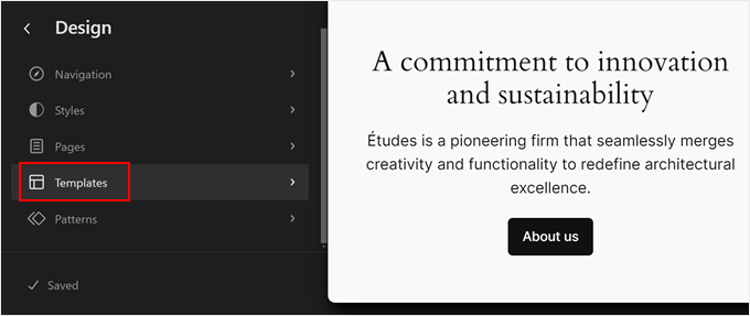 Opening the Templates menu in full-site editor Opening the Templates menu in full-site editor