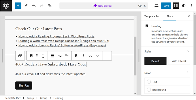 Customizing the new sidebar in the full-site editor Customizing the new sidebar in the full-site editor