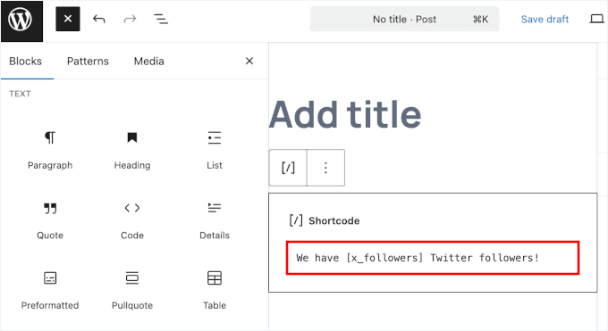 Adding the x_followers shortcode Adding the x_followers shortcode