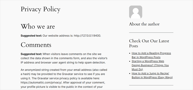 A Privacy Policy page with a sidebar A Privacy Policy page with a sidebar
