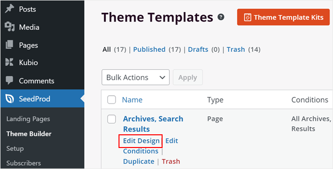 Editing the theme template page in SeedProd Editing the theme template page in SeedProd