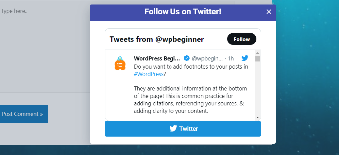 Twitter page in a popup Twitter page in a popup