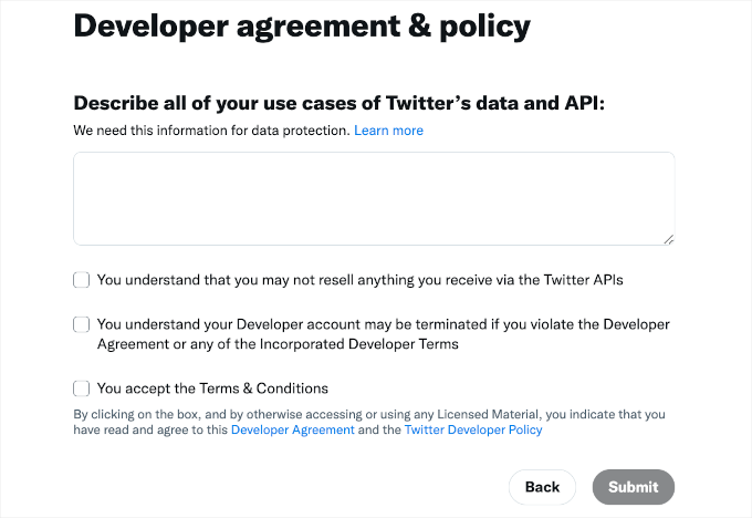 Agreeing to the Twitter Developers terms Agreeing to the Twitter Developers terms