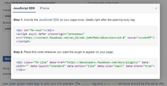 Facebook Like button code generator Copy the SDK code