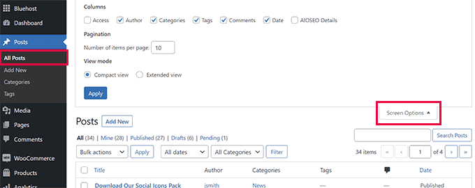 Screen Options on the posts page Screen Options on the posts page