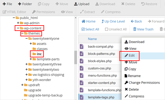 Öffnen des inc-Ordners für das Twenty Twenty One-Theme im Bluehost-Dateimanager