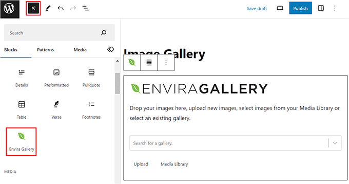 Envira Gallery bloğunu ekleyin