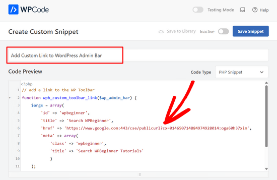 Paste code snippet into the WPCode plugin