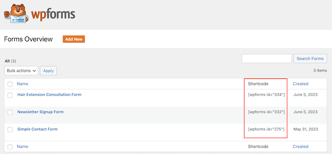 An example of a WordPress shortcode, provided by WPForms An example of a WordPress shortcode, provided by WPForms