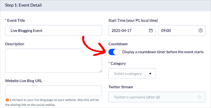 24liveblogging event details page toggle countdown timer