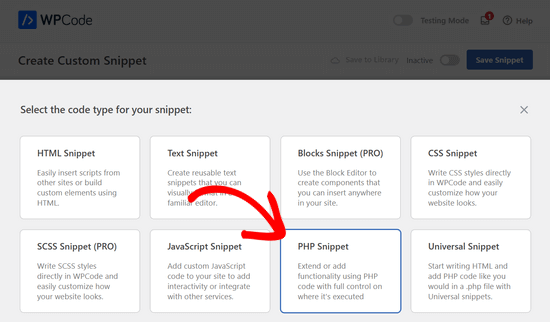 Select PHP Snippet as the code type Select PHP Snippet as the code type