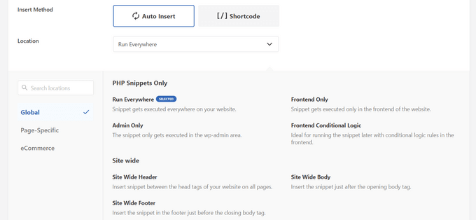 Auto insert locations in WPCode Auto insert locations in WPCode