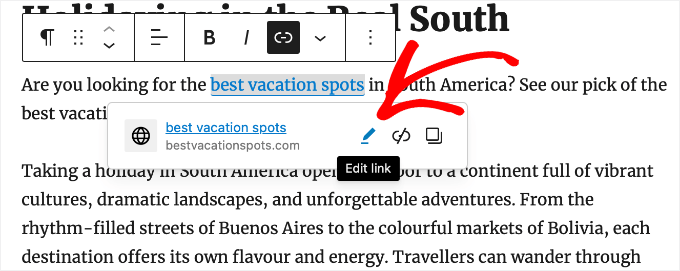 Butonul Editare Link în Editorul de Blocuri WordPress
