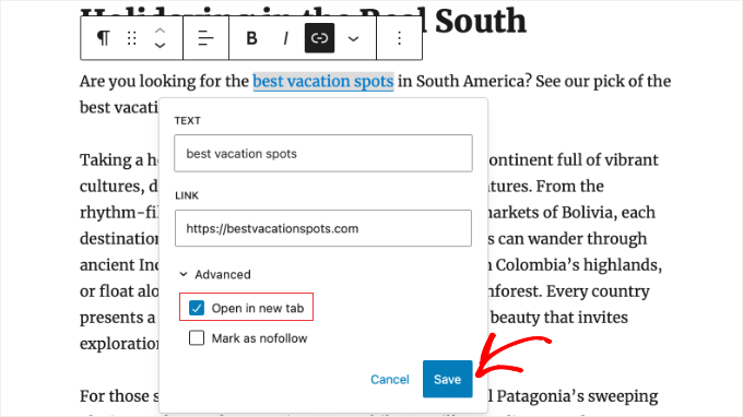 Bifați opțiunea de link „Deschide în filă nouă”