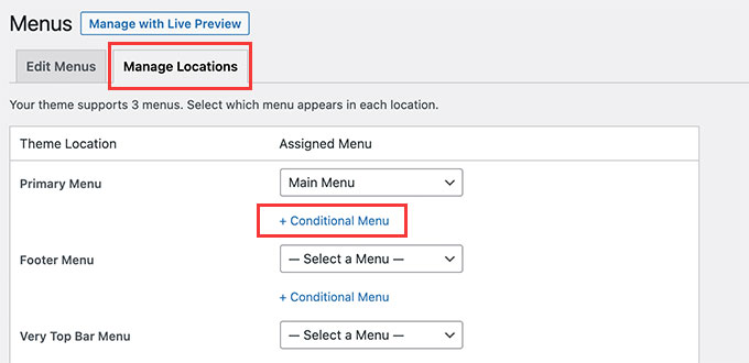 Adicionar um menu condicional