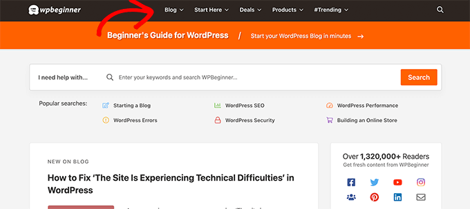 menu de navegação de exemplo