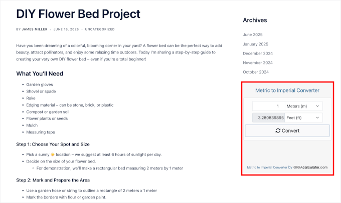 An example of a metric to imperial calculator