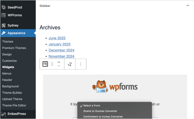 Adding WPForms to sidebar