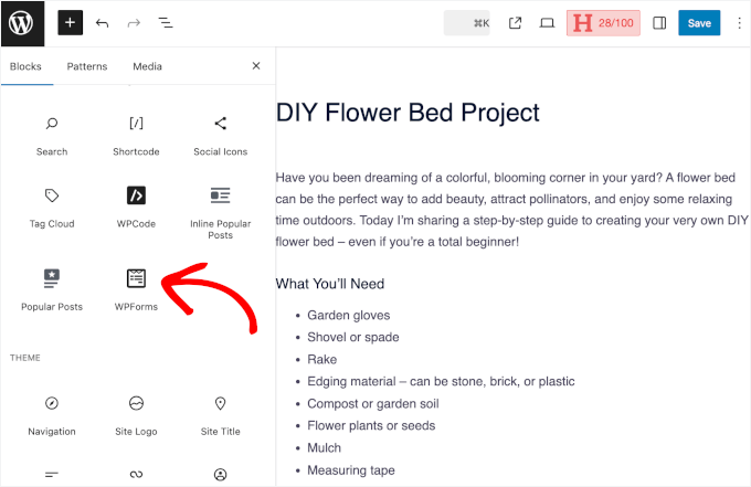 Adding WPForms block