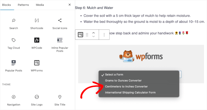 Choosing the converter from the WPForms block's dropdown