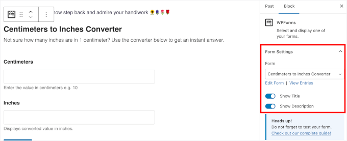 Form Settings in WordPress content editor