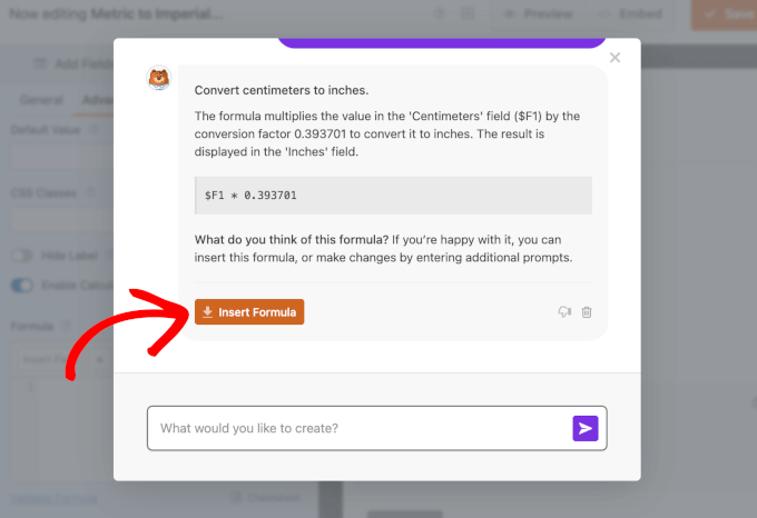 The Insert Formula button in AI Calculations
