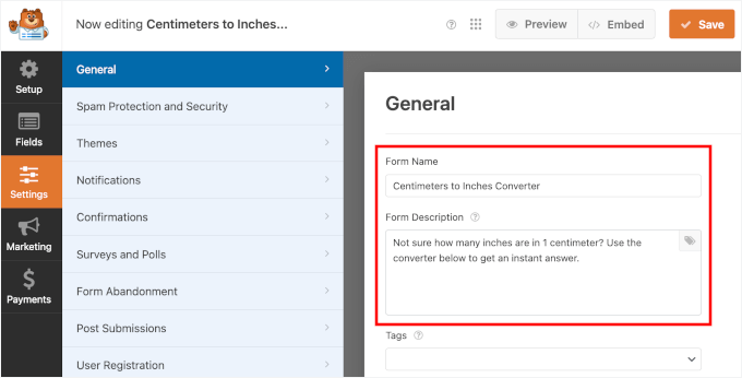 Changing name and description