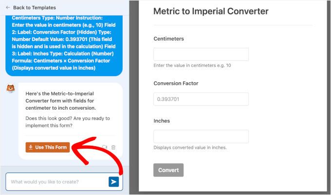 Use This Form button in WPForms AI