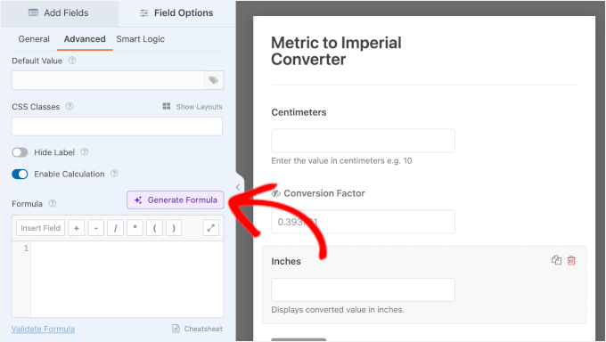 AI Calculations' Generate Formula button
