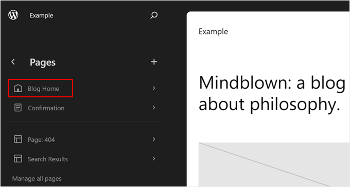 Selecionando a página inicial do blog no Editor de Site Completo